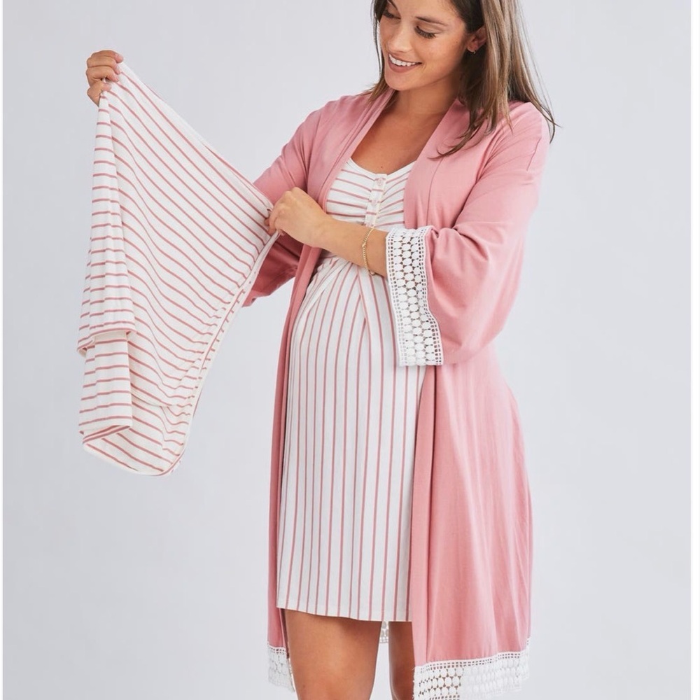 Angel Maternity Set: Blush Lace-Trim Robe w/ Striped Nightgown, Baby Blanket M/L